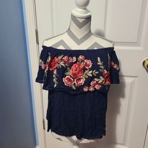 Women's Off Shoulder Rose Embroidery Loose Blouse Top Size XL